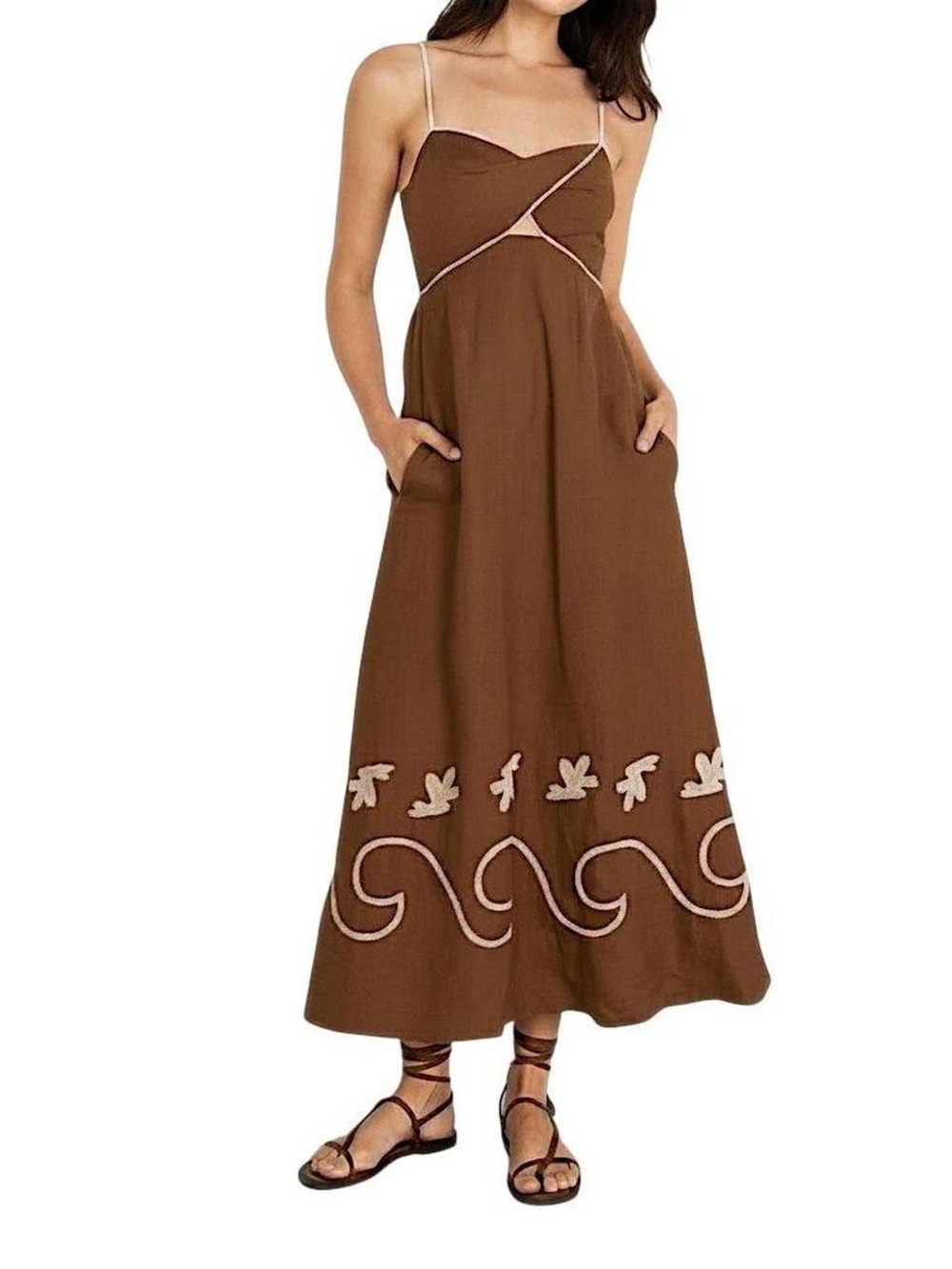 Mom Renn Brown Midi Dress Embroidered Details